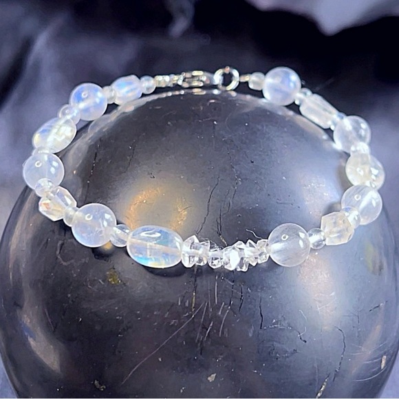 Hand Crafted Jewelry - Hand Made Rainbow Moonstone Diamond Quartz Bracelet